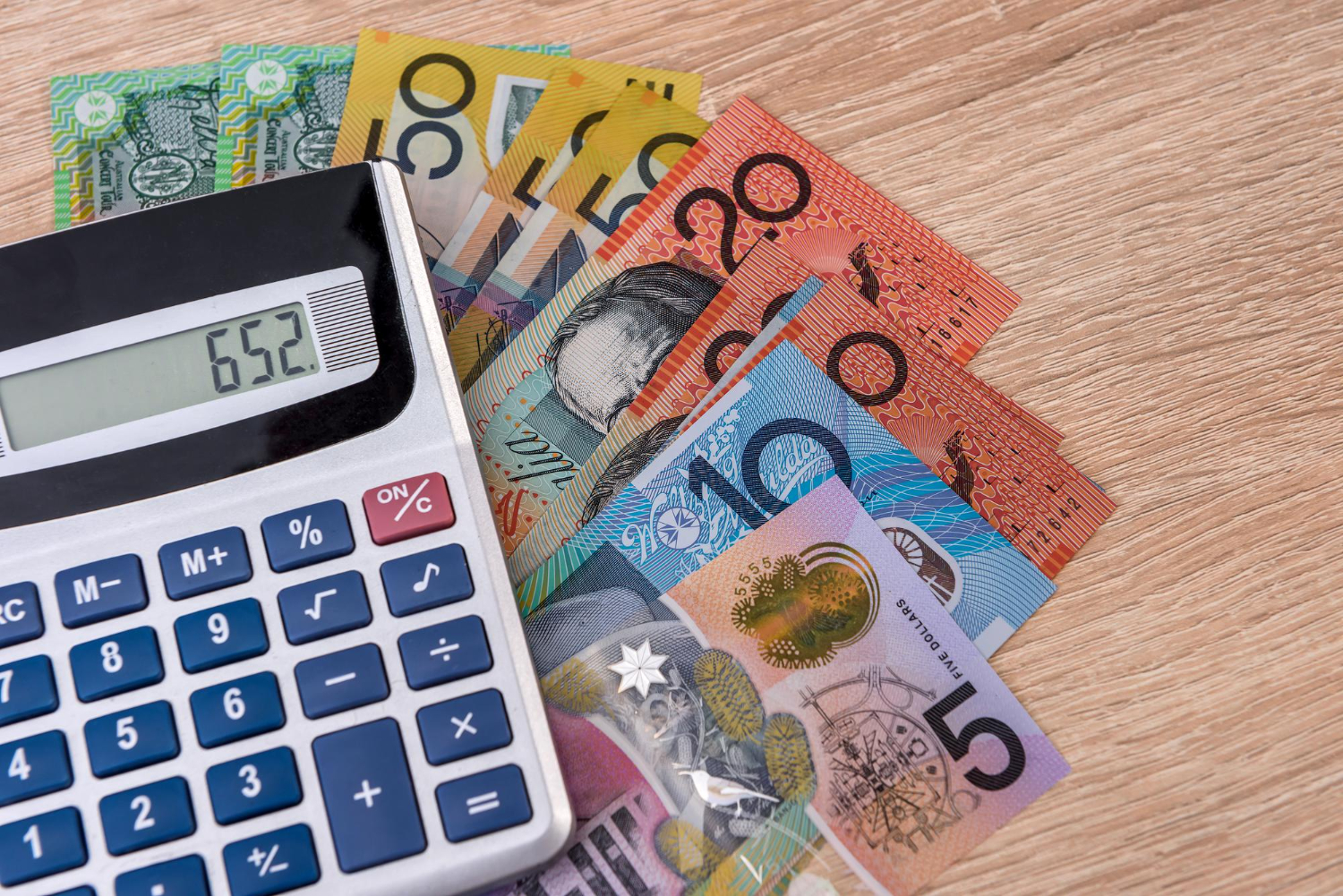 australian money aud with calculator desk