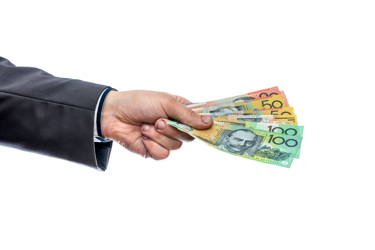 male hand with australian dollars isolated white