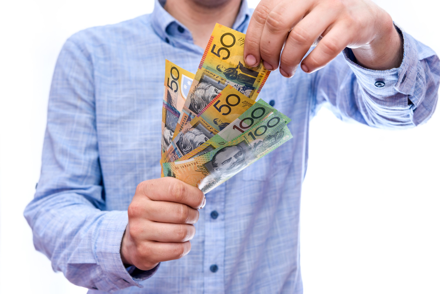 man holding australian dollar banknotes isolated white