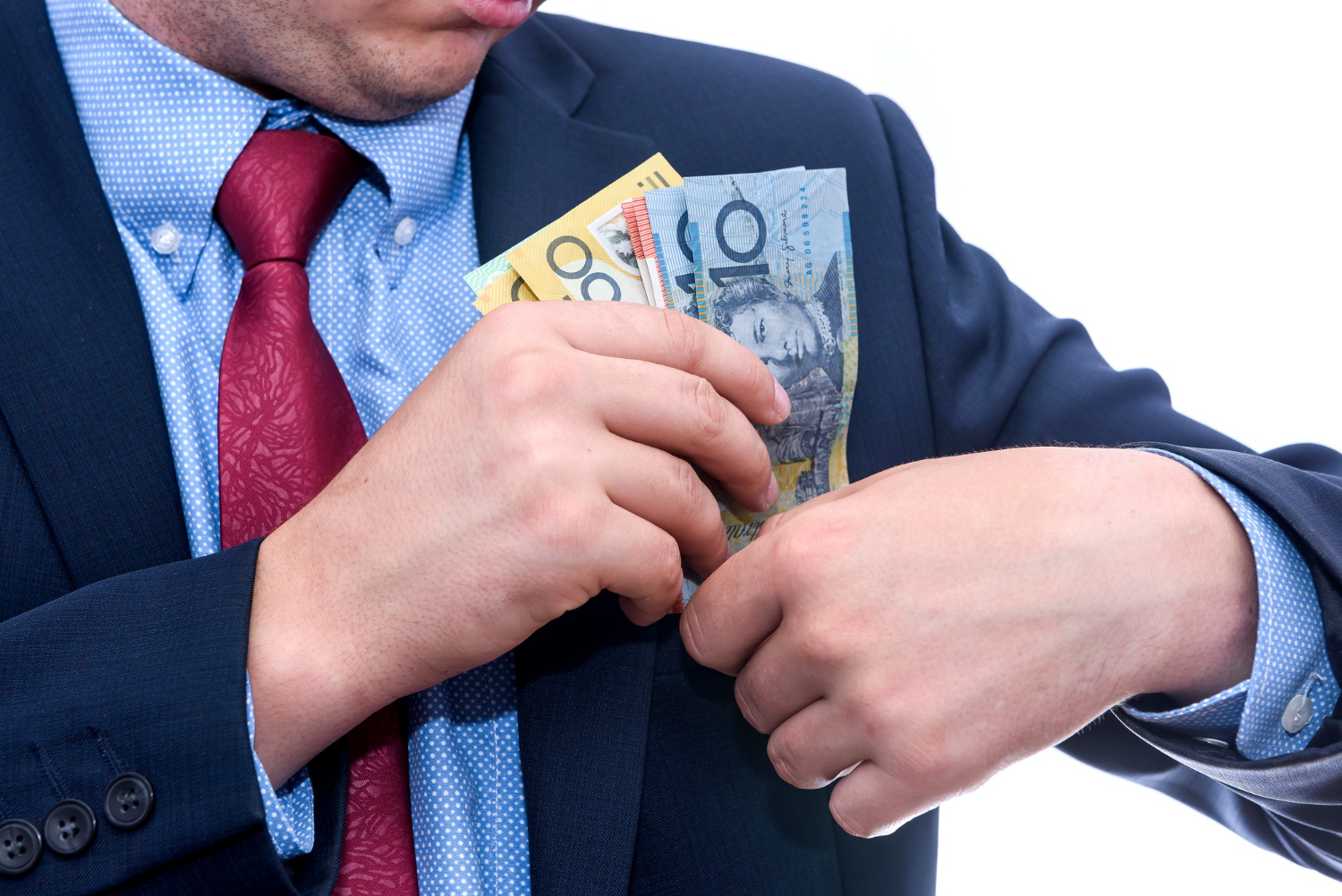 man suit holding australian dollar banknotes close up (1)