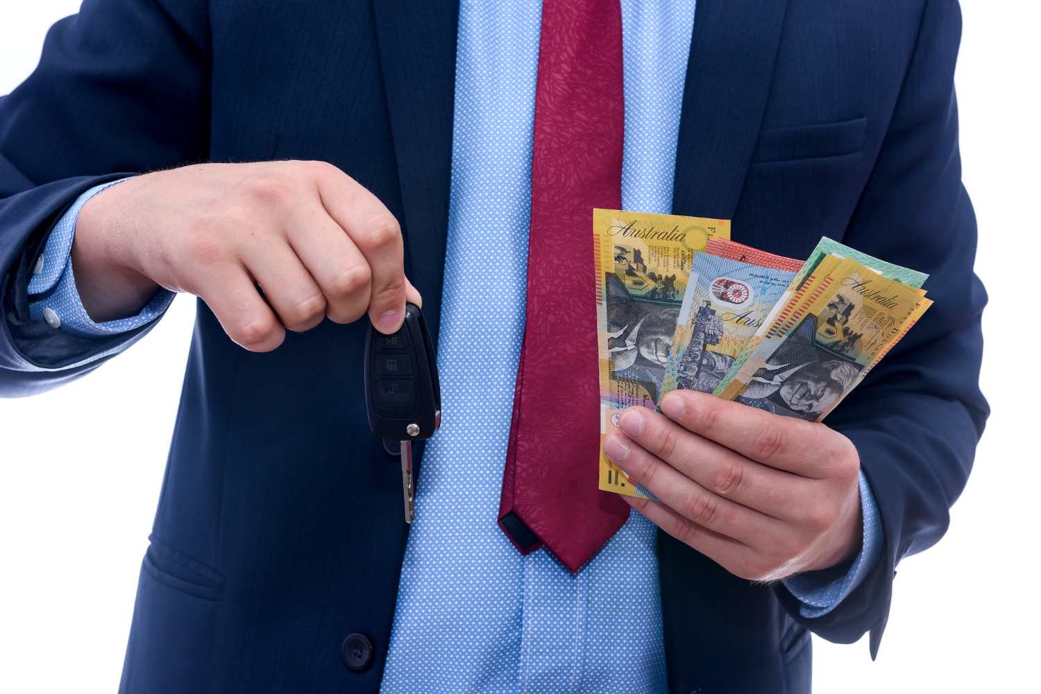 man suit holding australian dollar banknotes close up